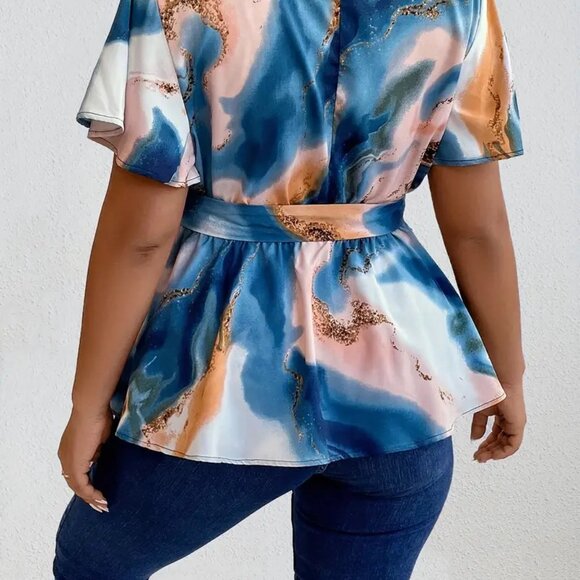 Plus Size Elegant V-Neck Belted Trendy Summer Tie Dye Blouse Tunic Top 12W -20W - Picture 5 of 10